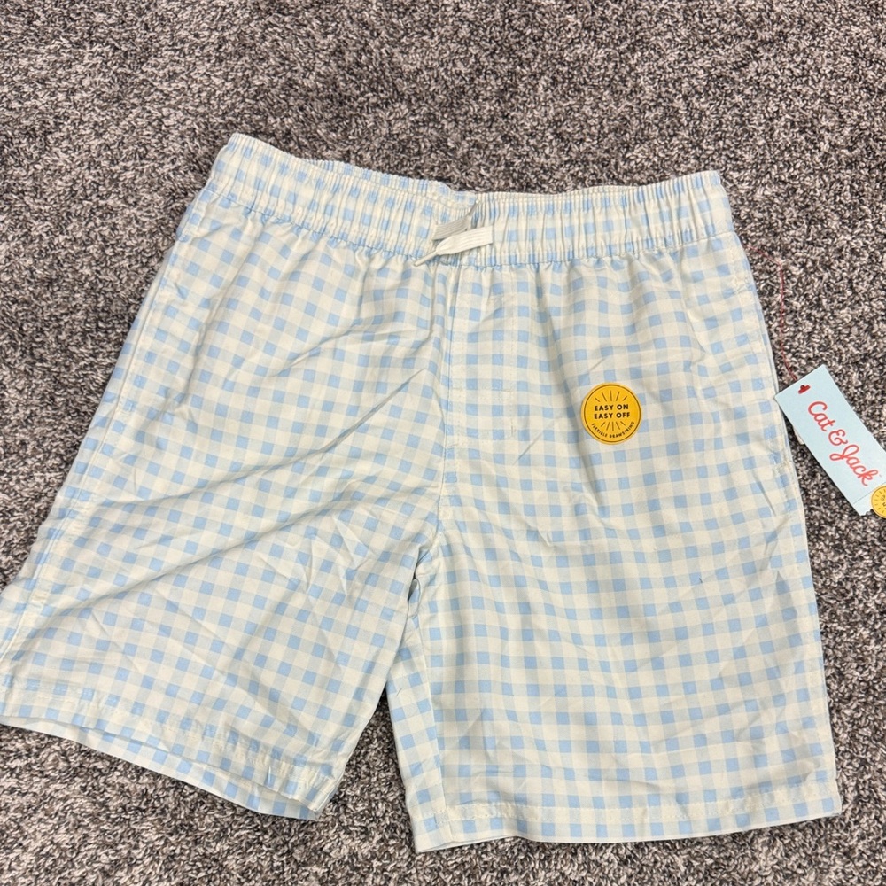 NWT Youth Cat & Jack Light Blue and White Gingham Swim Trunks